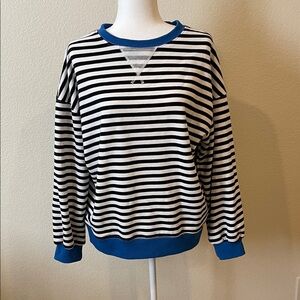 Striped Black and White Sweater with Blue Accents. Medium weight.